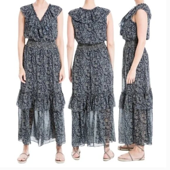 MAX STUDIO Navy Blue Floral Ruffled Georgette V-Neck Sleeveless Maxi Dress - Picture 1 of 9